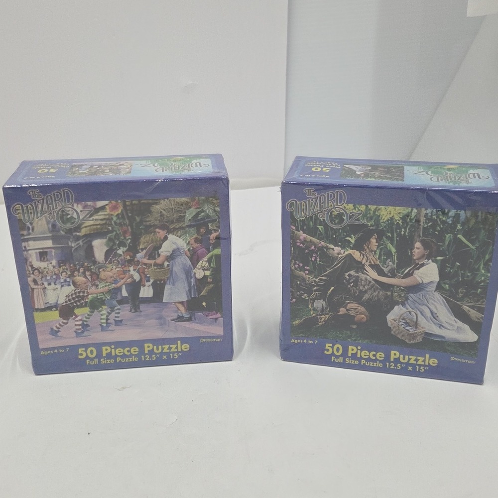 LOT 2 VTG Wizard of Oz 50 Piece Puzzles Pressman Sealed Munchkin Scarecrow 2002